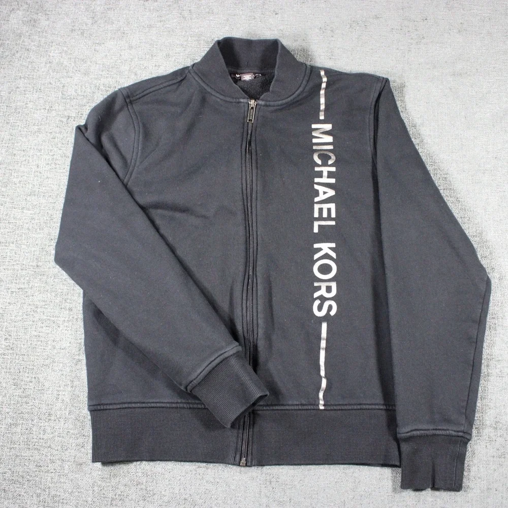 Michael Kors Womens Black Full Zip Logo‎ Sweatshirt Bomber Jacket Size M